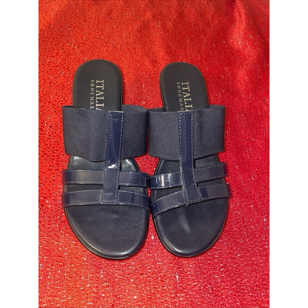Italian Shoemakers Wedge Sandals Navy Blue Stretch Elastic Straps Italy 7 M